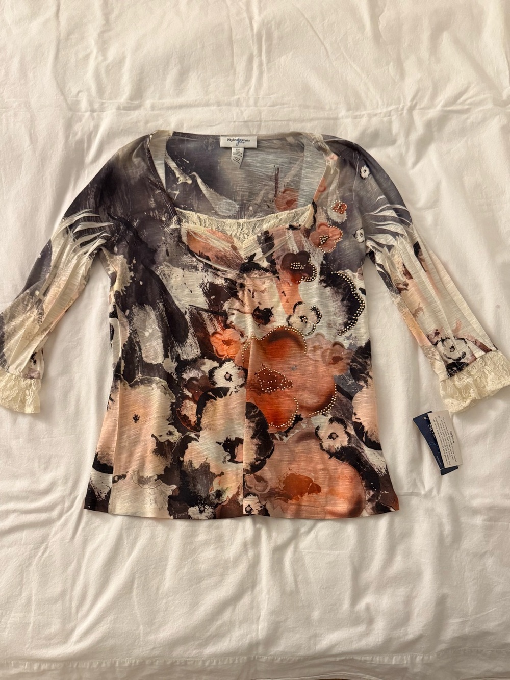 Style and Co Petite Floral Lace Trim Embellished Top Y2K Fairycore PM
